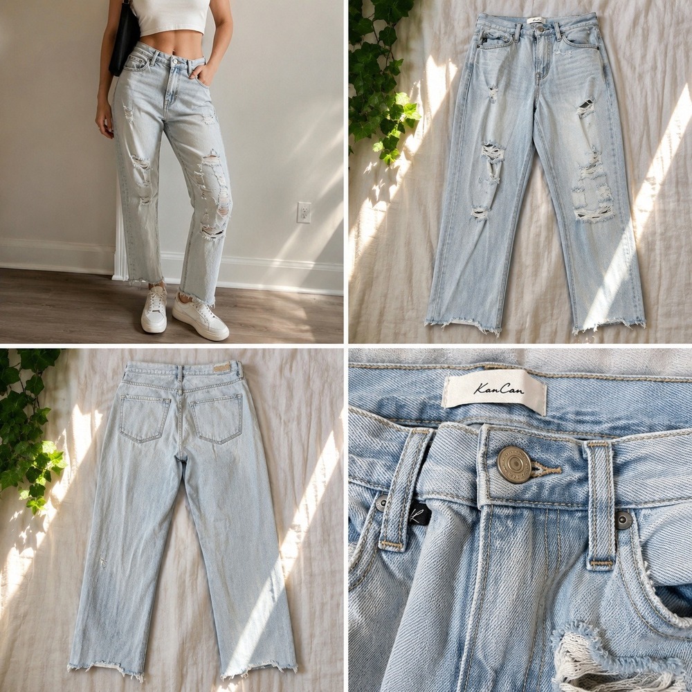 KanCan Womens Light Wash Distressed Straight Leg Jeans‎ Raw Hem Size 7/27 Grunge